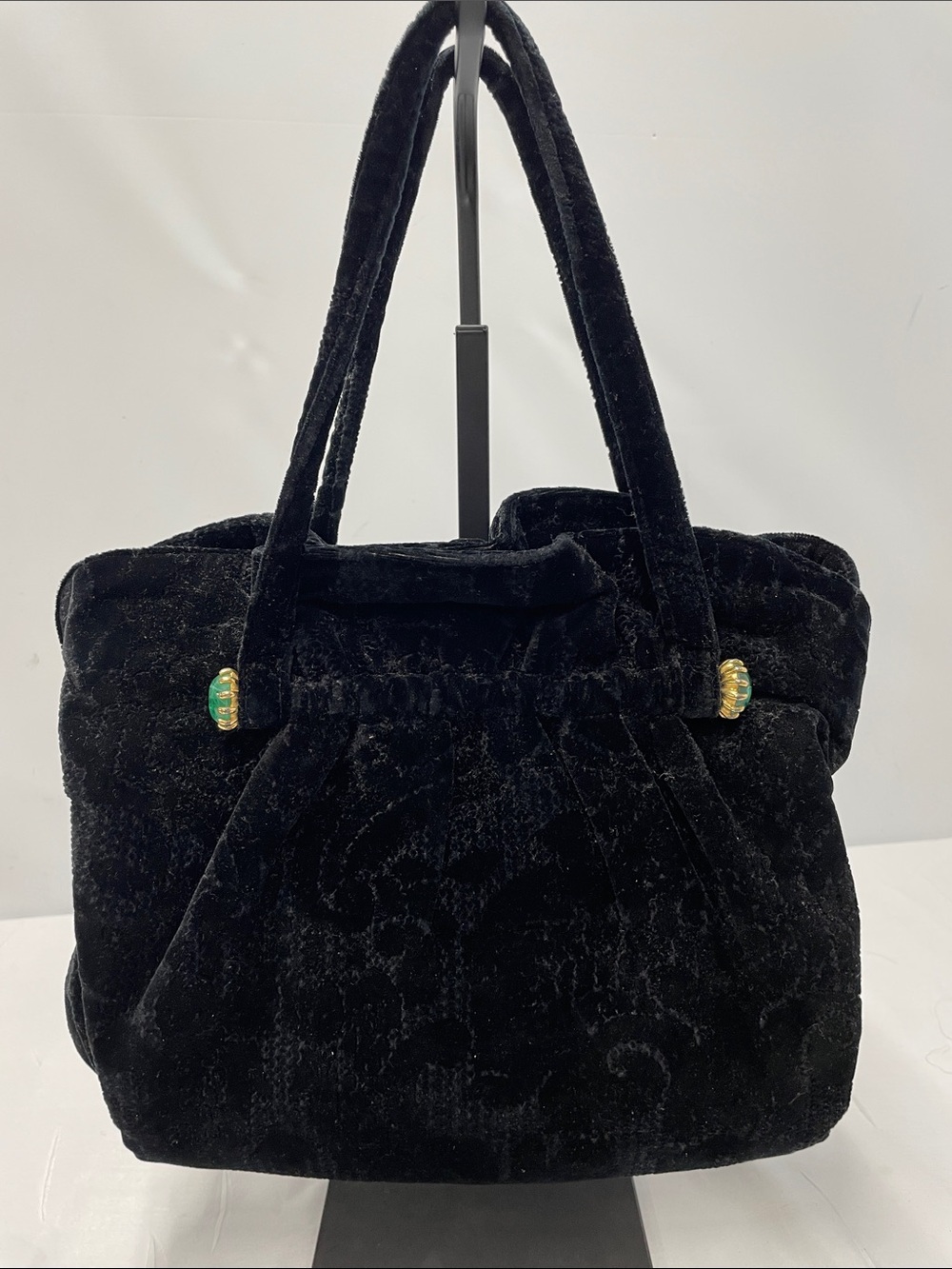 KORET VINTAGE VELVET HANDBAG W/ GREEN POLISHED CABOCHON GEMSTONES FTL-08-074